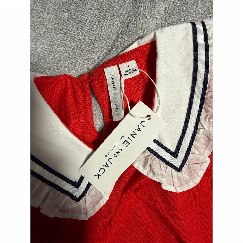 Janie and Jack Top Girls Size 4 Red Sailor Collar Ruffle Nautical Short - Picture 3 of 4